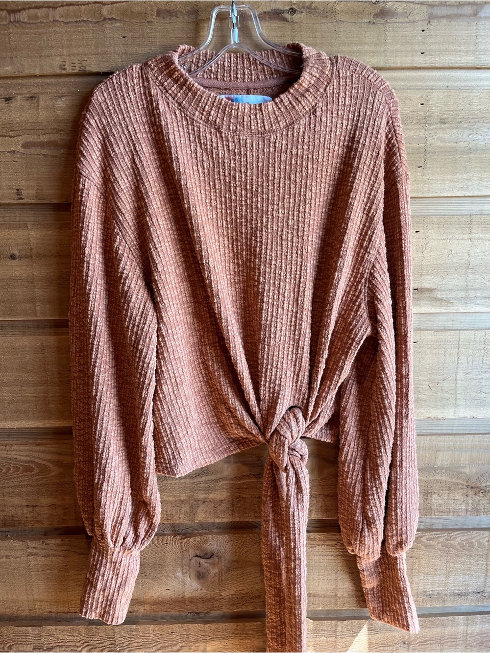 FREE PEOPLE - Orange Textured Knit Tie-Front Top with Balloon Sleeve